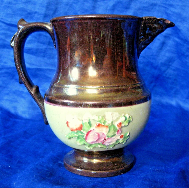 19th Cent. Copper Lusterware Pitcher Painted Flower & Shepherd Decoration 4 1/2"