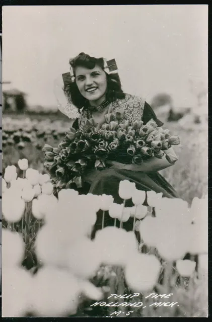 HOLLAND MI Tulip Time Vintage RPPC Postcard Beautiful Girl w/ Flowers Old Photo