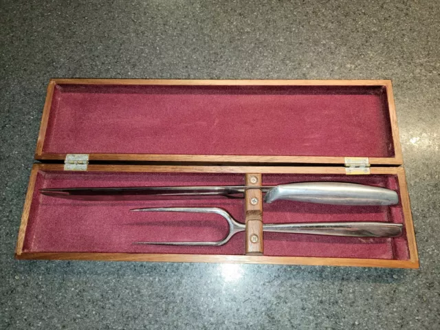 Vtg. Gerber Legendary Blades Carving Set Snickersnee Knife & RON Fork Walnut Box