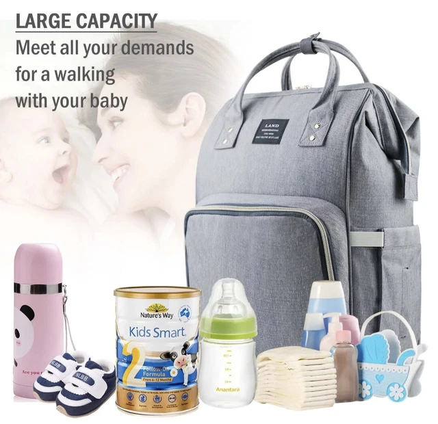 LAND Mommy Baby Diaper Bag Large Capacity Nappy Backpack Travel Handbag Gray