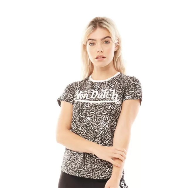Von Dutch Womens V-Villea Grey Leopard Print Short Sleeve T-Shirt Uk 12 Bnwt!!!