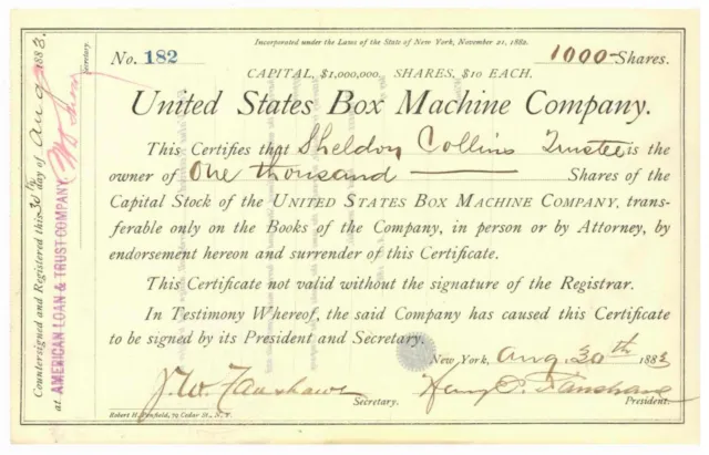 United States Box Machine Company. Stock Certificate. New York. 1883