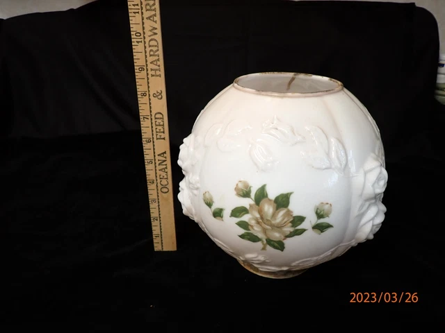 GWTW Vtg Milk Glass Oil Lamp Shade Banquet Parlor Embossed Flower Hurricane Tan