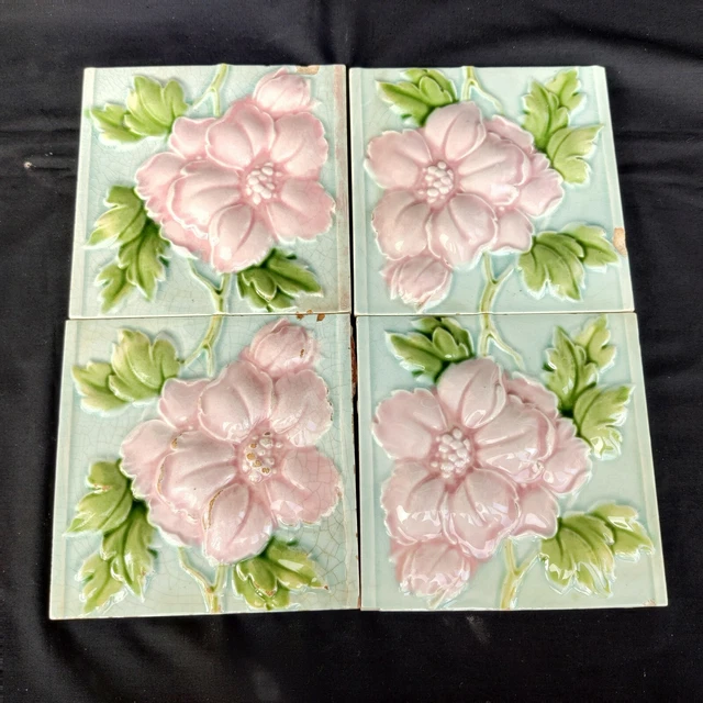 Vintage Architecture Furniture Tile Rare Embossed Floral Design Set of 4 Japan