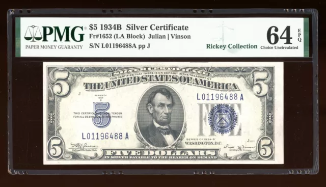 DBR 1934-B $5 Silver Fr. 1652 Vinson LA Block PMG 64 EPQ Serial L01196488A
