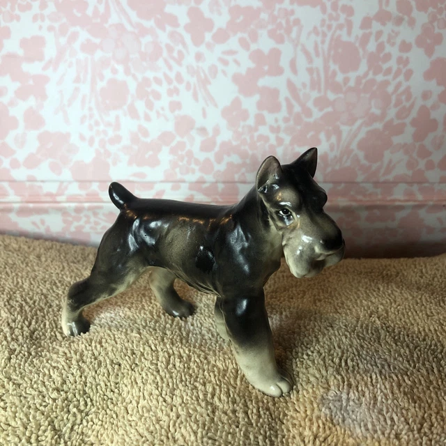 vintage schnauzer dog figurine Very Old . Bone China  Stands 4x4 Hand Painted .