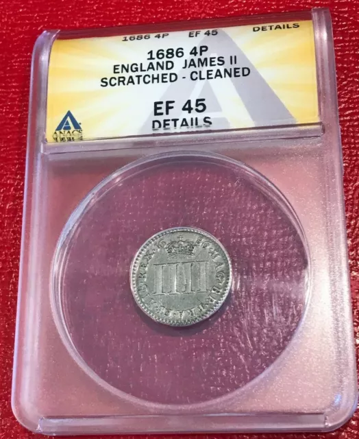 Anacs Ef Xf 45 Details 1686 Great Britain English 4 Pence Groat Silver Coin-Apr9