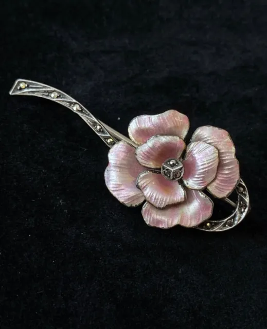 Antique Edwardian Art Nouveau sterling silver pink enamel pin brooch