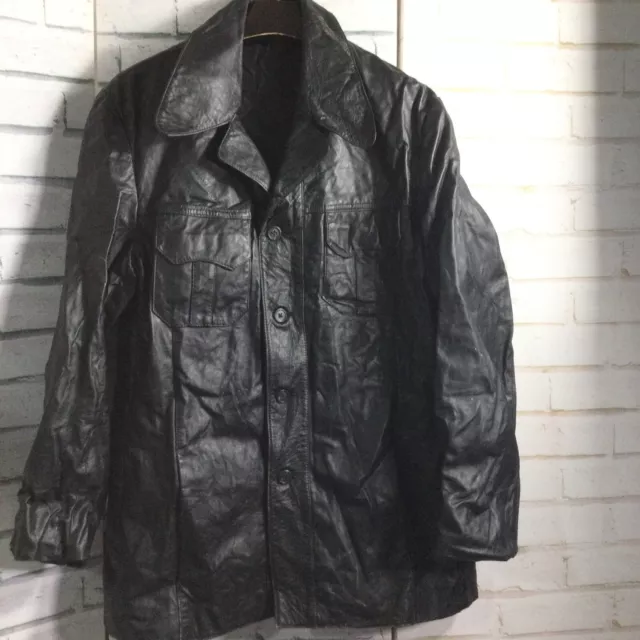 VINTAGE 70S BLACK Leather UNBRANDED Dagger Collar Slim Cut Jacket