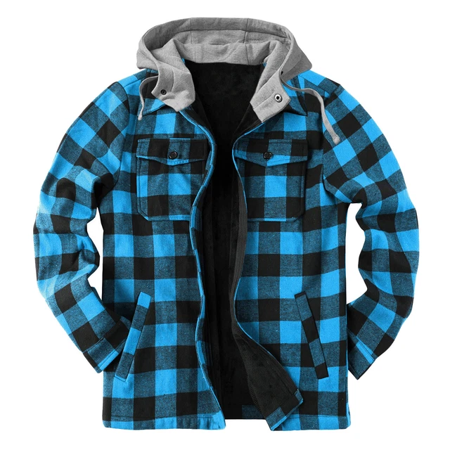 Mens Polar Fleece Lined Hoodie Plaid Lumberjack Sherpa Jacket Hooded Work Shirts