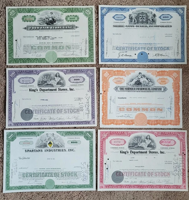 Vintage lot of 6 Cancelled Stock Certificates. Suitable for framing. Very Nice.