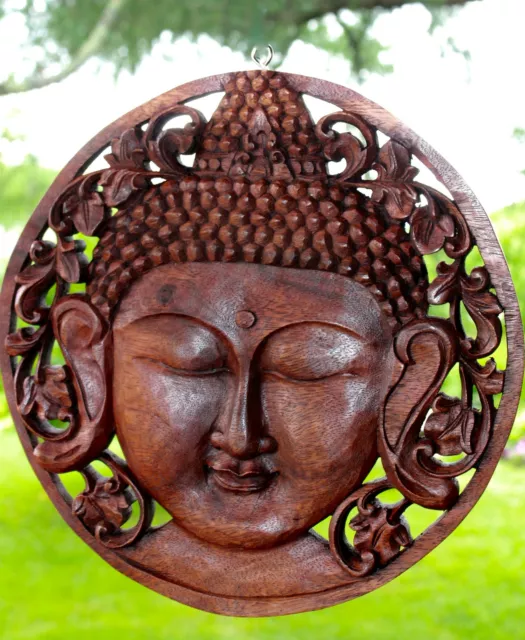 Buddha Wall sculpture Round Panel Plaque Hand Carved Wood Bali art Boho decor