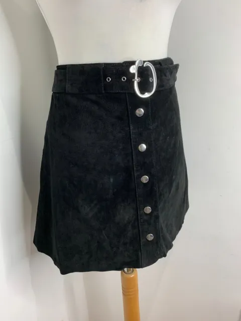 ZARA black A line mini skirt M VGC suede button front belted 70s retro