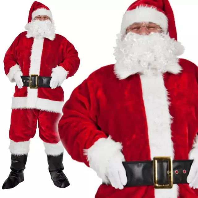 Mens Deluxe Luxury Santa Claus Father Christmas Suit Fancy Dress Costume 8 Piece