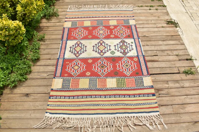 Turkish Vintage Kilim Handwoven 3x5 Cicim Kilim Natural Wool Area Rug 105x180cm