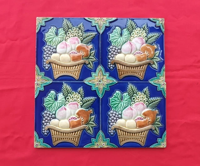 4 Piece Old Art Fruits Design Embossed Majolica Ceramic Tiles Japan 0218