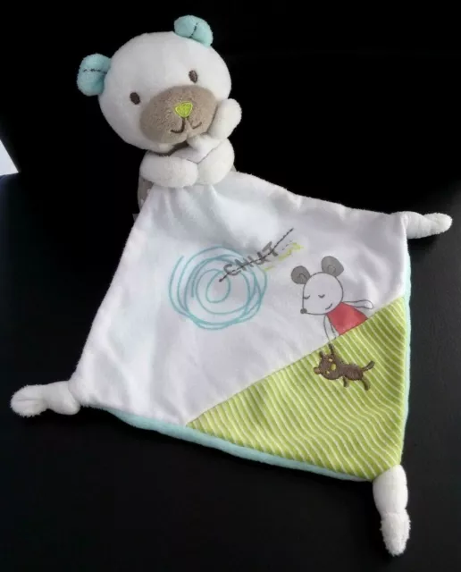 *. DOUDOU POMMETTE OURS MOUCHOIR BLANC VERT BLEU Chut on dort souris - TTBE