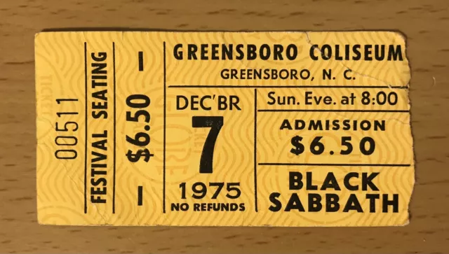 1975 Black Sabbath Sabotage Tour Greensboro Nc Concert Ticket Stub Ozzy Osbourne