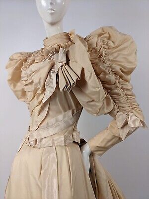 Most Opulent Victorian 1890’S Silk Wedding Dress W Bustle Back & Insane Sleeves