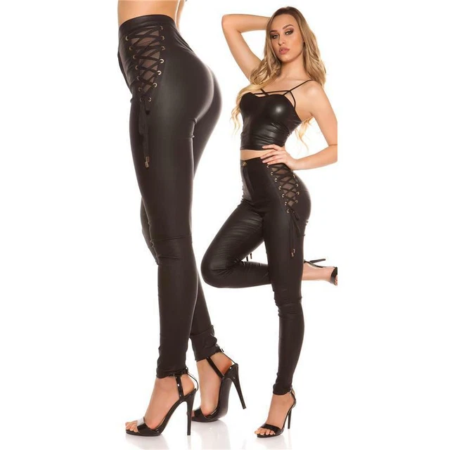 Sexy High Cintola Donna Sguardo Cuoio Pantaloni Con Lacci Nero #H1650