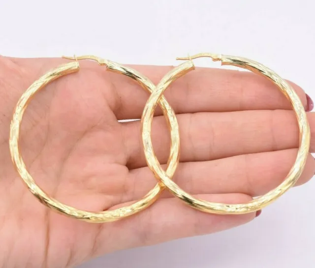 2 3/8" 60mm Twisted Diamond Cut Hoop Earrings 14K Yellow Gold-Plated Silver