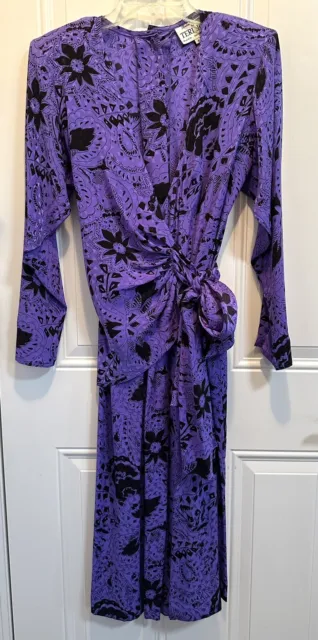 Vtg 80s Rickie Freeman TERI JON Deep Purple Floral Silk Dress Wrap Around / Sz 4