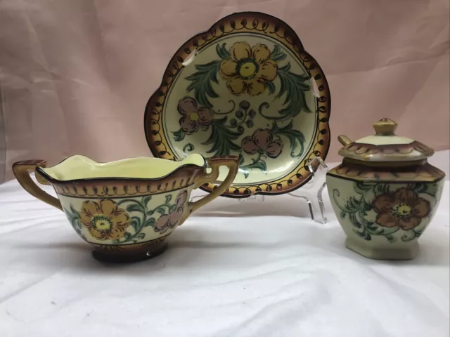 VINTAGE 1920's-30's HOTTA YU SHOTEN CO HAND PAINTED CERAMIC 3 PCS SET JAPAN