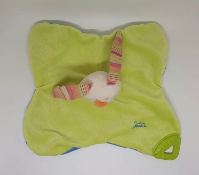 Doudou Plat Lapin Tiamo Collection Vert Bleu Anneau De Dentition