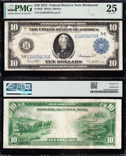 VERY NICE Bold & Crisp VF+ 1914 $10 RICHMOND Federal Reserve Note! PMG 25! 34676