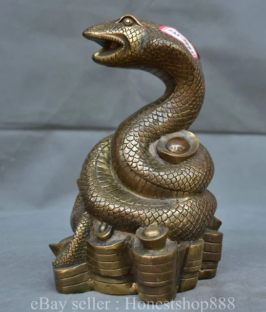 8.8" Old Chinese Copper Feng Shui 12 Zodiac Year Snake Yuan bao Wealth Statue