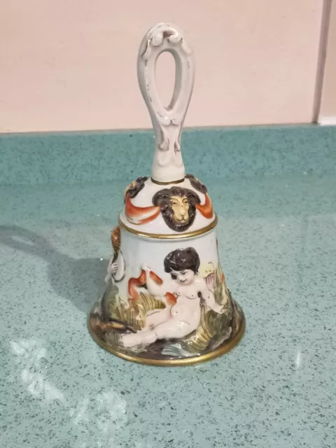 Beautiful R Capodimonte Keramos Porcelain Large Bell With Cherubs Design