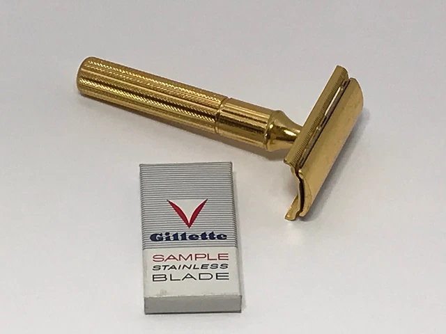 Vintage Gillette Fat Handle Double Edge Gold Tone 3 Pc Safety Razor CLEAN NICE