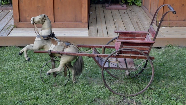 Antique Victorian Trotting Horse Carriage Stroller Child’s Horse Cart Buggy