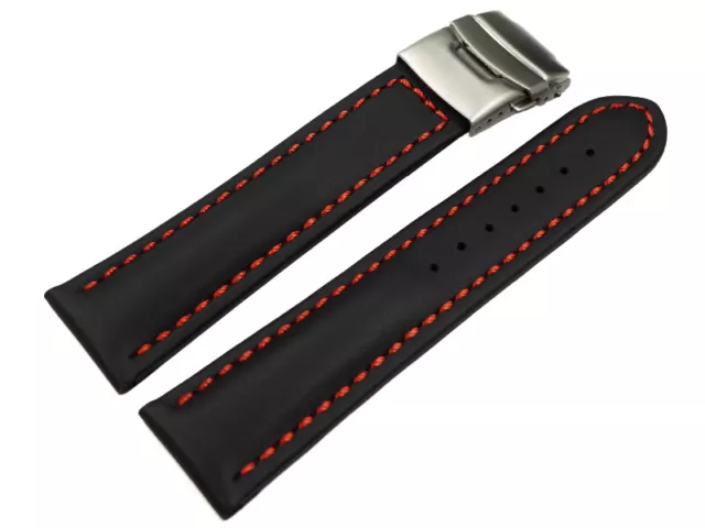 Bracelet de montre - cuir de veau lisse - noir - couture rouge 18,20,22,24,26 mm