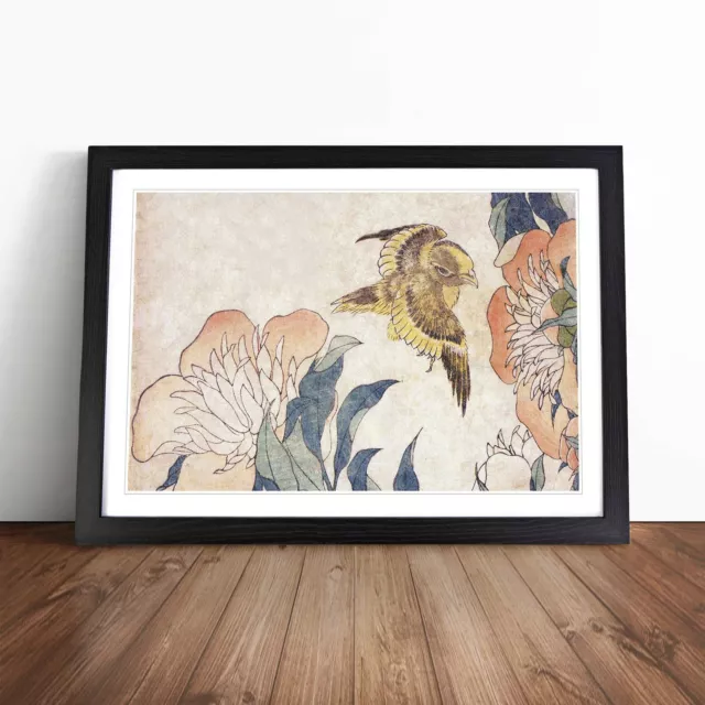 Peony Flower & Canary Asian Bird K. Hokusai Wall Art Print Framed Canvas Picture