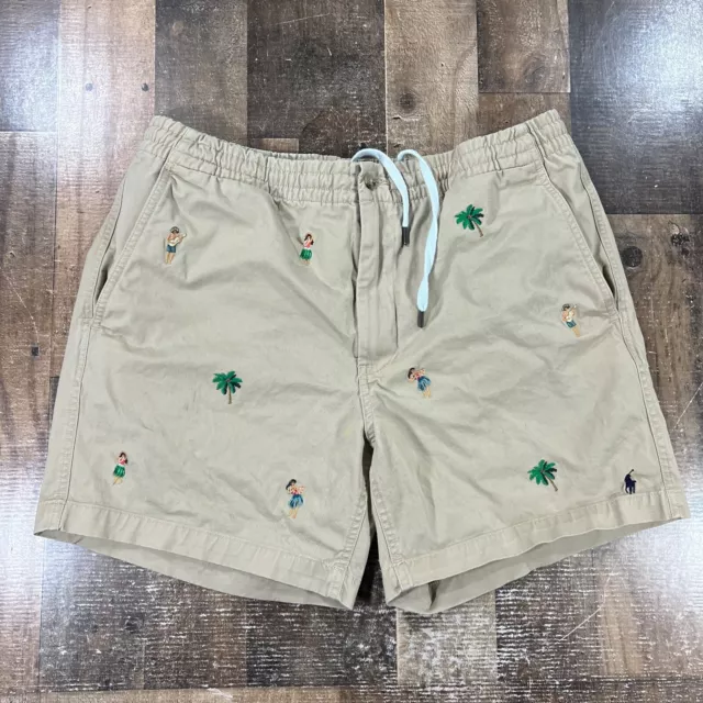 Ralph Lauren Mens Shorts Large Beige Hula Girl Palm Tree Embroidered Chino