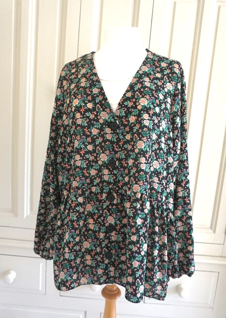 Floaty Floral Smock Top with Button Down Front 🌺  Black & Multicolour  🌺 UK 16