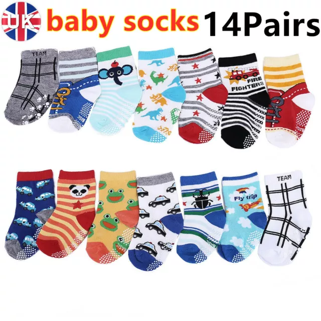 14 Pairs Baby Boys Girls Socks Anti Slip Toddler Cotton Soft Kids Sock 0-3 .g