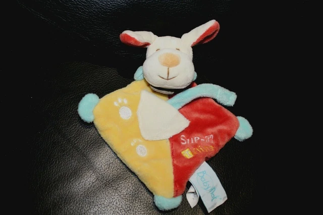 Doudou peluche chien plat super tétine blanc jaune rouge BABYNAT baby nat TBE