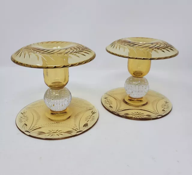 Pair Pairpoint Amber Control Bubble Cut Glass Candleholders Uranium Wickham