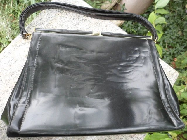 Purse Hand Bag Black Patent Women's Gold Clasp Made in Canada Vintage Prop
