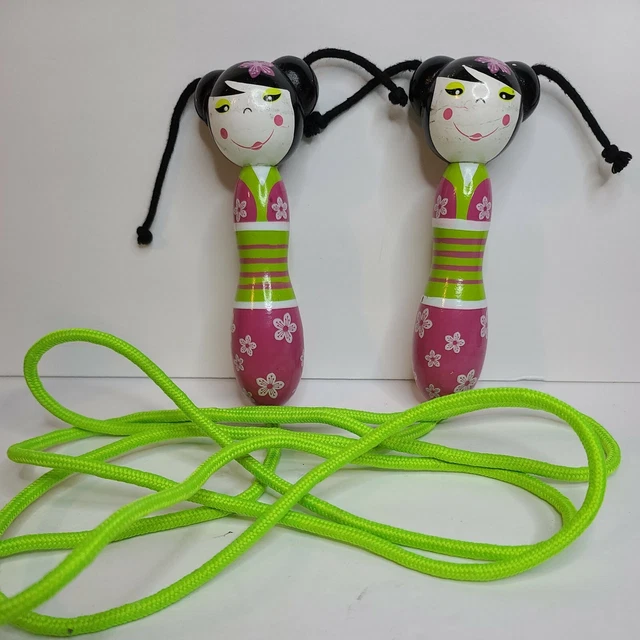 Vintage lime green Jump rope with Japanese Kokeshi Doll Handles
