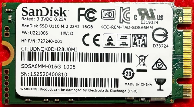 外付けハードディスク・ドライブ HP Sandisk SSD U110 16GB SANDISK SSD U110 M.2 2242 16GB SDSA6MM-016G-1006 HP#: 727240