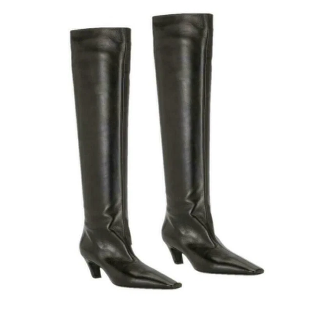Ladies Western Faux Leather Kitten Heel Square Toe Knee High Boots Riding Casual