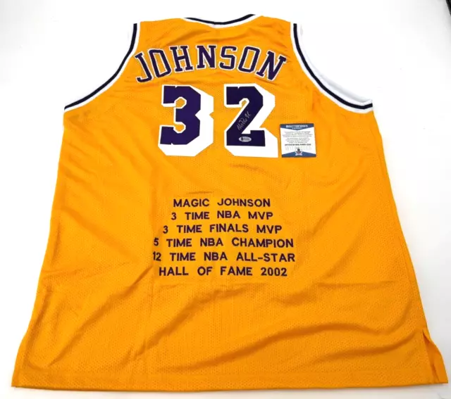 La Lakers Magic Johnson Autographed Yellow Stitched Jersey Beckett Coa W/Stats