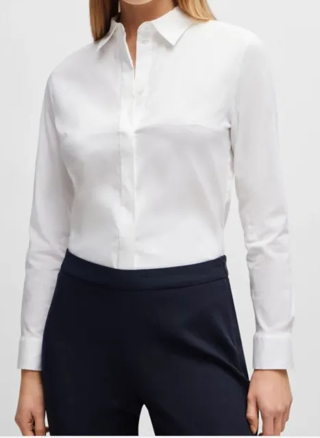 Hugo Boss Beamara Shirt Womens White SLIM-FIT BLOUSE COTTON-BLEND POPLIN size 8