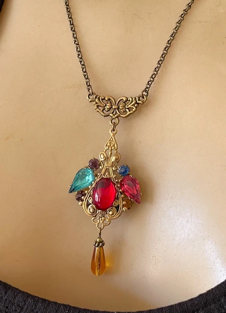 Vintage Necklace Art Nouveau Brass Red Cabochon Rhinestone Pendant Czech Glass