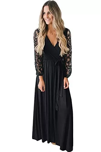 Kranda Womens Floral Lace Long Sleeve Faux Wrap V Neck Long Maxi Dress Black XL