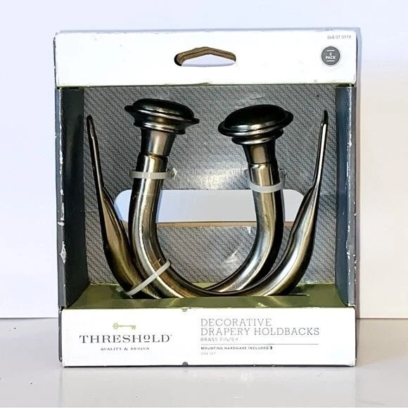 NIB Threshold Soft Brass Decorative Drapery Curtain Tie Backs Holdbacks Set of 2
