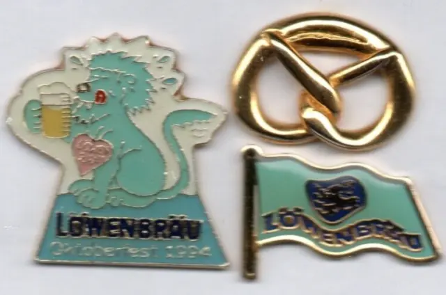 🍺Pin-Konvolut 3 Oktoberfest Bier Beer Pins Löwenbräu 1994 Löwe goldene Brez´n🍻